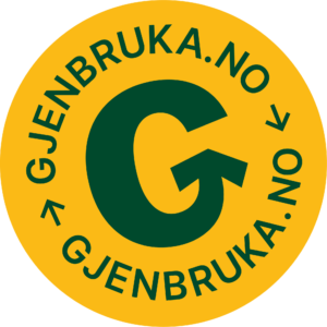 Logo Gjenbruka. En grønn G på gul bakgrunn med tekstn gjenbruka.no rundt.